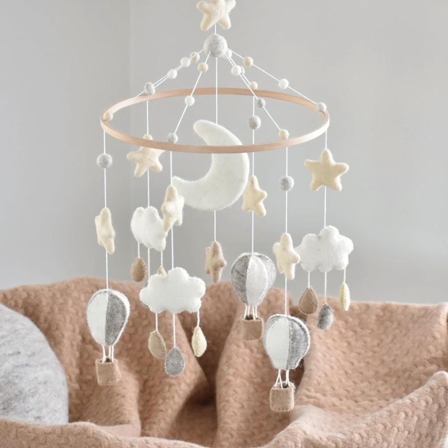 Tik Tak Handmade NZ Wool Baby Mobile - Neutral Hot Air Balloon | Koop.co.nz