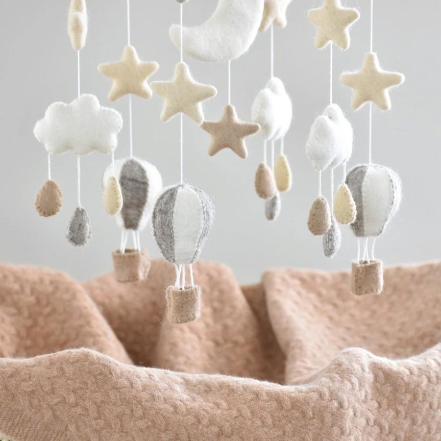 Tik Tak Handmade NZ Wool Baby Mobile - Neutral Hot Air Balloon | Koop.co.nz