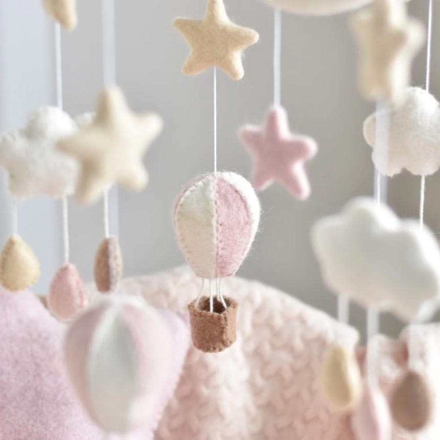 Tik Tak Handmade NZ Wool Baby Mobile - Pink Hot Air Balloon | Koop.co.nz