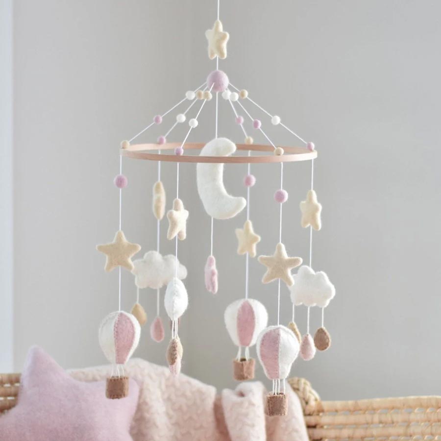 Tik Tak Handmade NZ Wool Baby Mobile - Pink Hot Air Balloon | Koop.co.nz