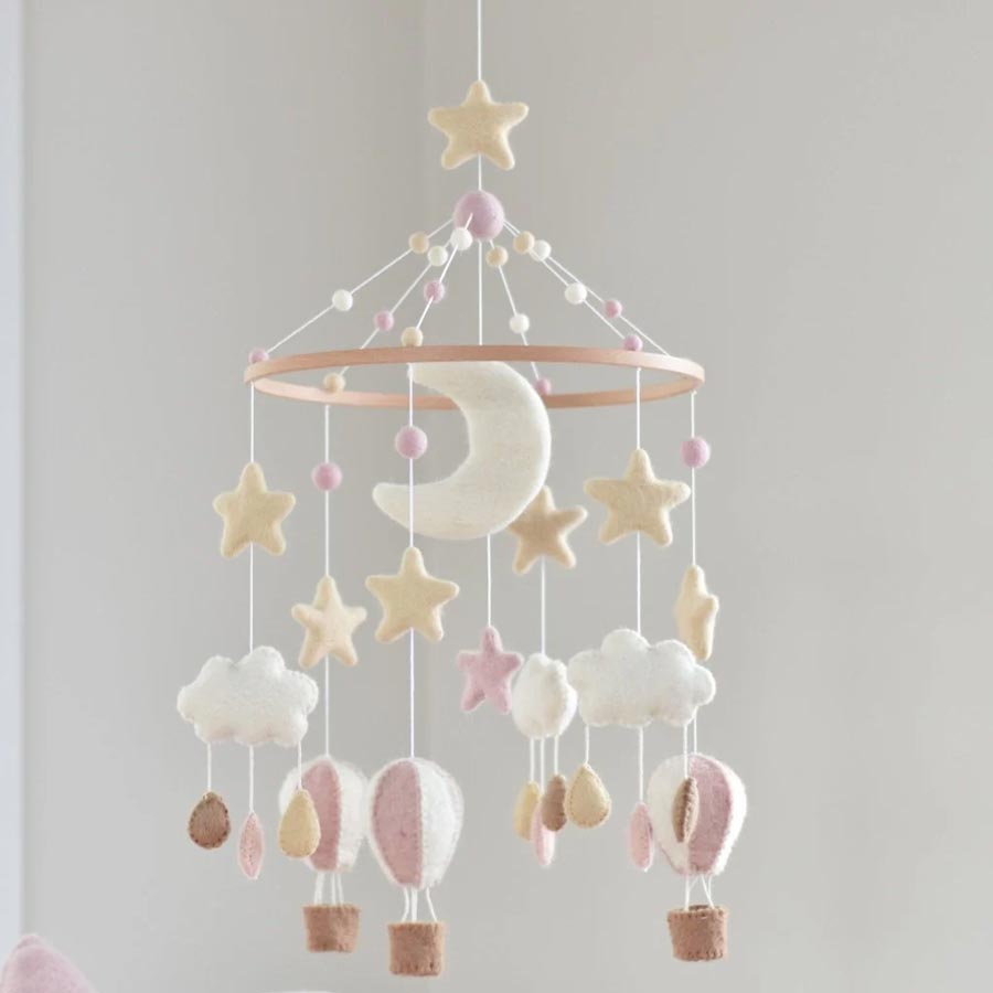 Tik Tak Handmade NZ Wool Baby Mobile - Pink Hot Air Balloon | Koop.co.nz