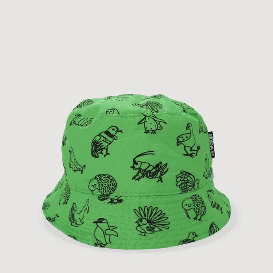 Moana Road Kids Reversible Bucket Hat - Bird/Green | Koop.co.nz