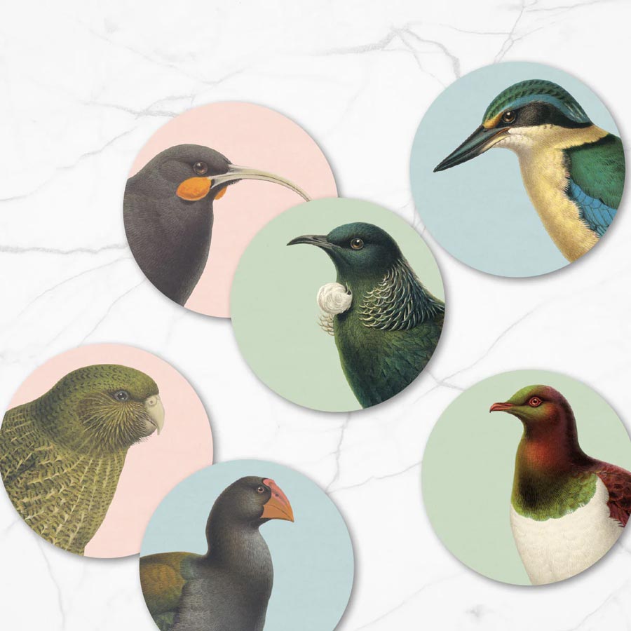 100% New Zealand Hushed Birds Coaster Set (6pc) | Koop.co.nz